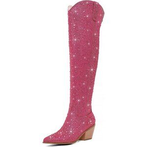 Women Rhinestone Over the Knee Boots Sparkly Bling Cowgirl Boot Pull-On Hot Pink